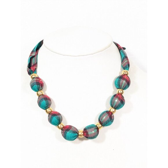 VTG Christmas Green Red Plaid Ribbon Tie Necklace Earring Set 26 in Pierced - Picture 2 of 7